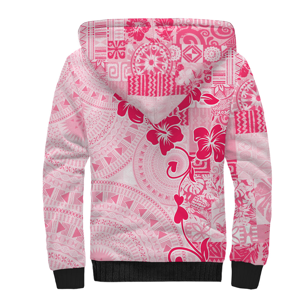 Fiji Masi With Hibiscus Tapa Tribal Sherpa Hoodie Pink Pastel LT01 - Polynesian Pride