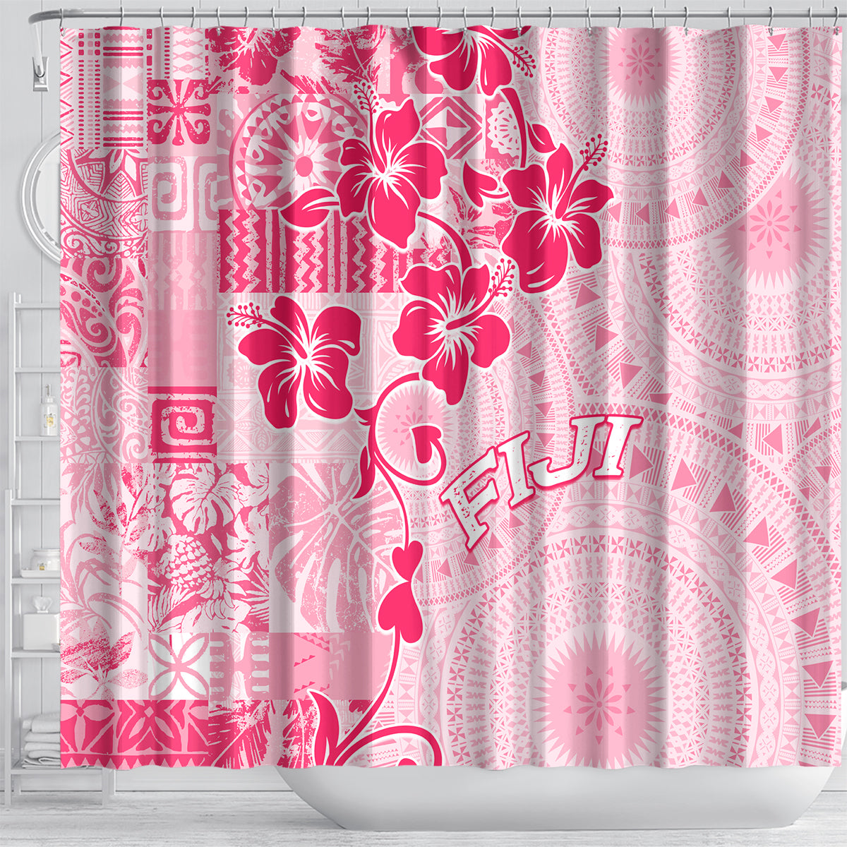 Fiji Masi With Hibiscus Tapa Tribal Shower Curtain Pink Pastel LT01 - Polynesian Pride