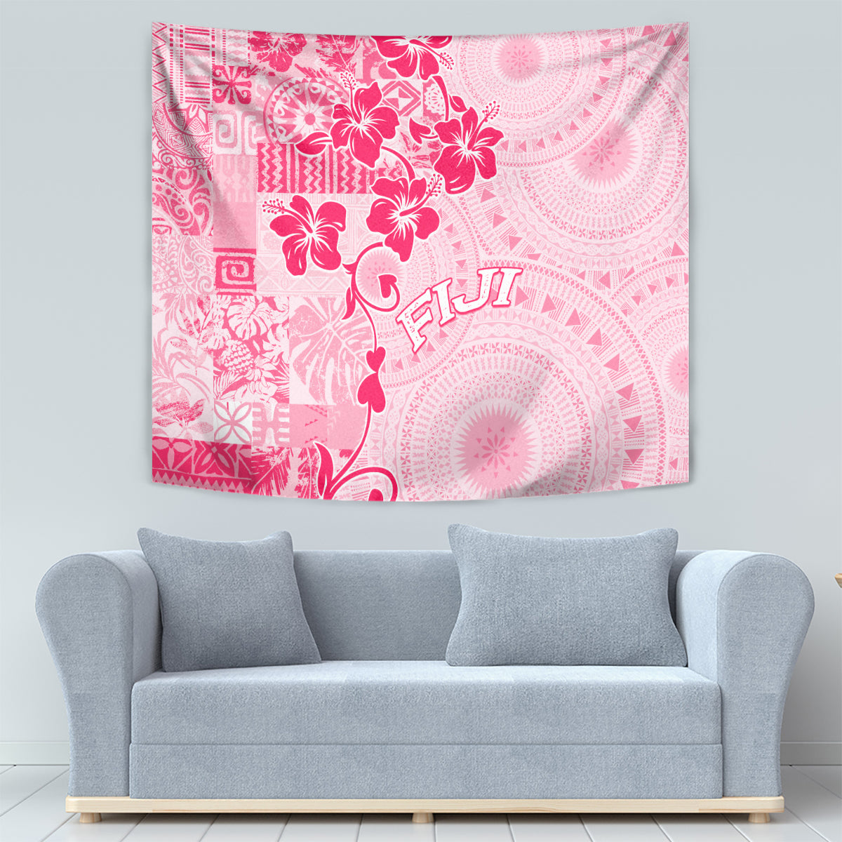 Fiji Masi With Hibiscus Tapa Tribal Tapestry Pink Pastel LT01 - Polynesian Pride