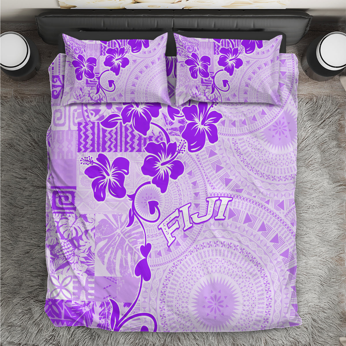 Fiji Masi With Hibiscus Tapa Tribal Bedding Set Purple Pastel LT01 Purple - Polynesian Pride