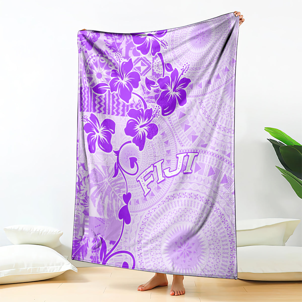 Fiji Masi With Hibiscus Tapa Tribal Blanket Purple Pastel LT01 Purple - Polynesian Pride