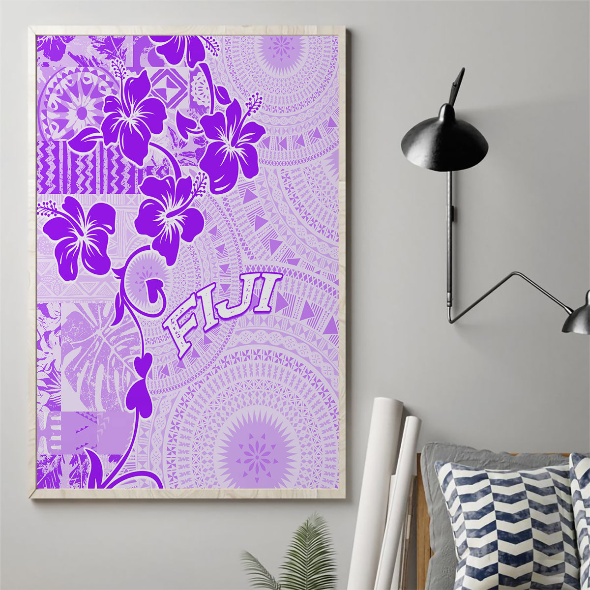 Fiji Masi With Hibiscus Tapa Tribal Canvas Wall Art Purple Pastel LT01 - Polynesian Pride