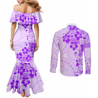 Fiji Masi With Hibiscus Tapa Tribal Couples Matching Mermaid Dress and Long Sleeve Button Shirt Purple Pastel LT01 - Polynesian Pride
