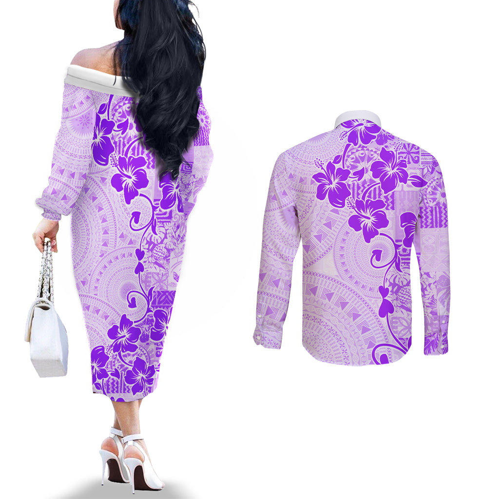Fiji Masi With Hibiscus Tapa Tribal Couples Matching Off The Shoulder Long Sleeve Dress and Long Sleeve Button Shirt Purple Pastel LT01 - Polynesian Pride