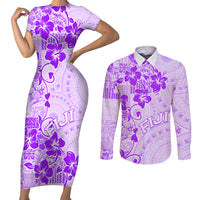 Fiji Masi With Hibiscus Tapa Tribal Couples Matching Short Sleeve Bodycon Dress and Long Sleeve Button Shirt Purple Pastel LT01 Purple - Polynesian Pride