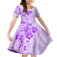 Fiji Masi With Hibiscus Tapa Tribal Family Matching Off Shoulder Short Dress and Hawaiian Shirt Purple Pastel LT01 Daughter's Dress Purple - Polynesian Pride