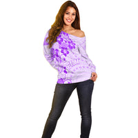 Fiji Masi With Hibiscus Tapa Tribal Off Shoulder Sweater Purple Pastel LT01 - Polynesian Pride