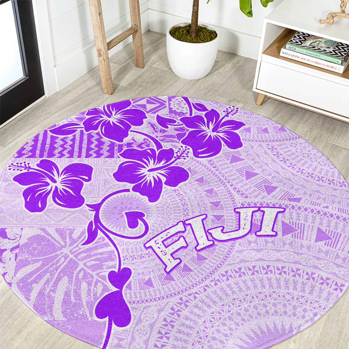 Fiji Masi With Hibiscus Tapa Tribal Round Carpet Purple Pastel LT01 Purple - Polynesian Pride