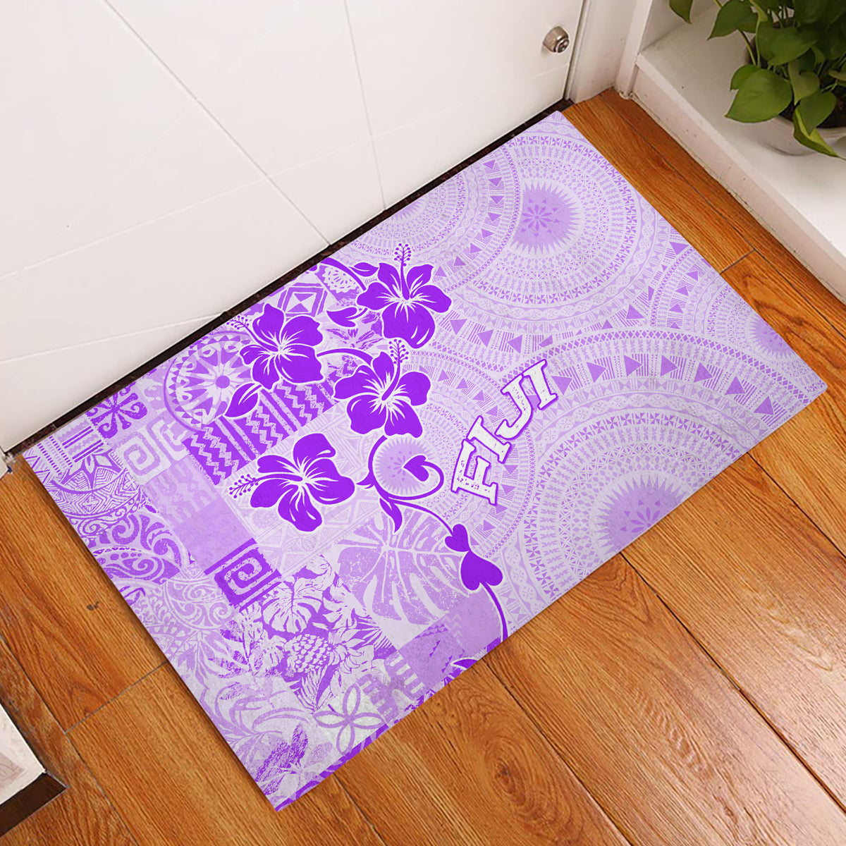 Fiji Masi With Hibiscus Tapa Tribal Rubber Doormat Purple Pastel LT01 Purple - Polynesian Pride