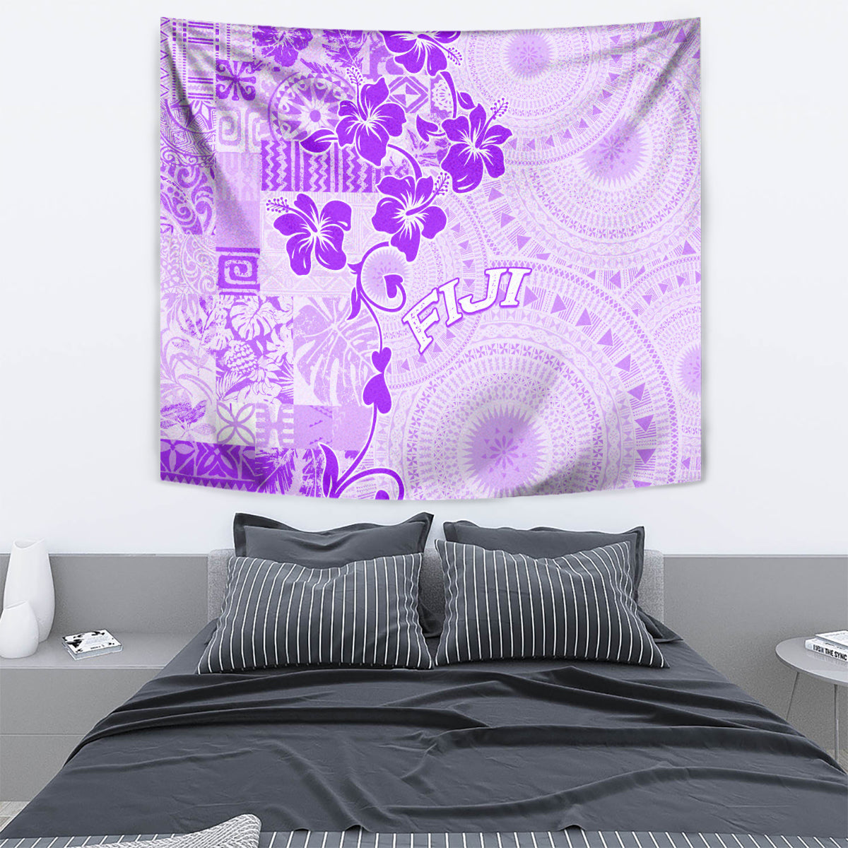 Fiji Masi With Hibiscus Tapa Tribal Tapestry Purple Pastel LT01 - Polynesian Pride