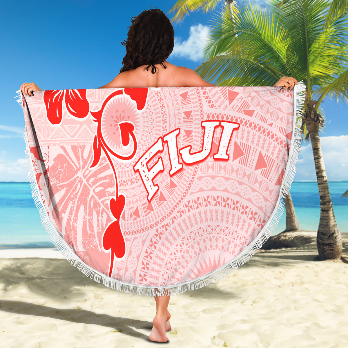Fiji Masi With Hibiscus Tapa Tribal Beach Blanket Red Pastel LT01 - Polynesian Pride
