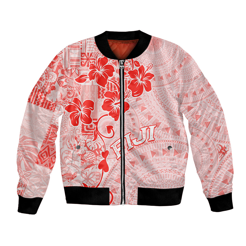 Fiji Masi With Hibiscus Tapa Tribal Bomber Jacket Red Pastel LT01 Unisex Red - Polynesian Pride