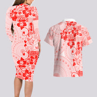 Fiji Masi With Hibiscus Tapa Tribal Couples Matching Long Sleeve Bodycon Dress and Hawaiian Shirt Red Pastel LT01 - Polynesian Pride
