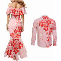 Fiji Masi With Hibiscus Tapa Tribal Couples Matching Mermaid Dress and Long Sleeve Button Shirt Red Pastel LT01 - Polynesian Pride
