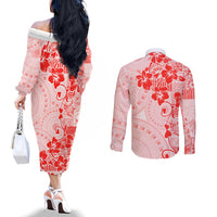Fiji Masi With Hibiscus Tapa Tribal Couples Matching Off The Shoulder Long Sleeve Dress and Long Sleeve Button Shirt Red Pastel LT01 - Polynesian Pride