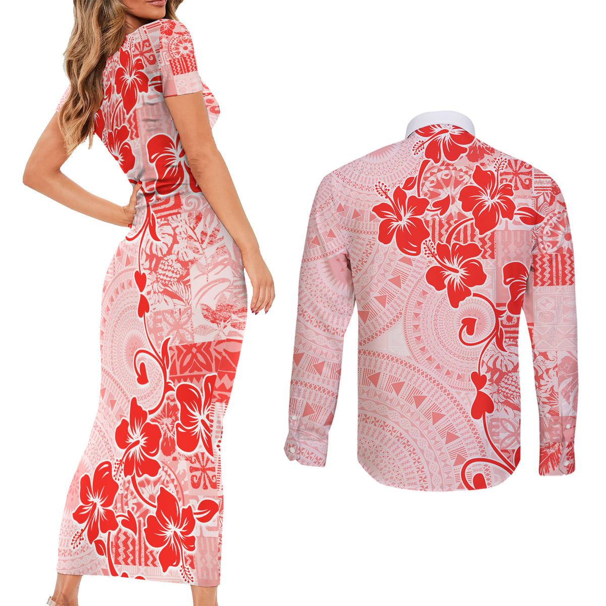 Fiji Masi With Hibiscus Tapa Tribal Couples Matching Short Sleeve Bodycon Dress and Long Sleeve Button Shirt Red Pastel LT01 - Polynesian Pride