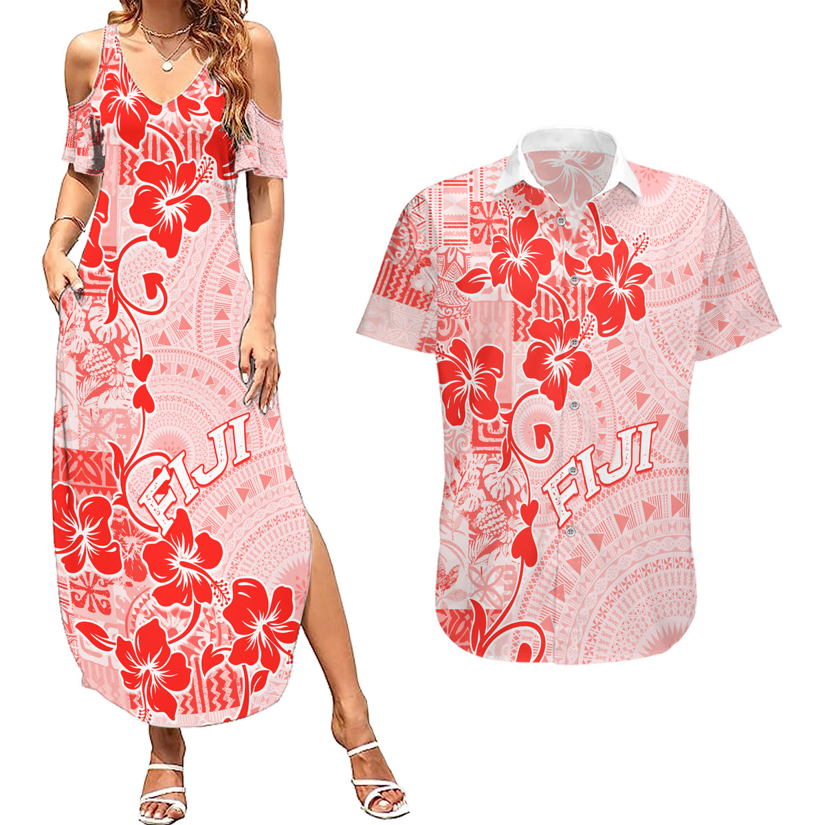 Fiji Masi With Hibiscus Tapa Tribal Couples Matching Summer Maxi Dress and Hawaiian Shirt Red Pastel LT01 Red - Polynesian Pride