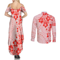 Fiji Masi With Hibiscus Tapa Tribal Couples Matching Summer Maxi Dress and Long Sleeve Button Shirt Red Pastel LT01 - Polynesian Pride