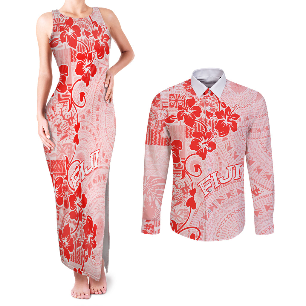 Fiji Masi With Hibiscus Tapa Tribal Couples Matching Tank Maxi Dress and Long Sleeve Button Shirt Red Pastel LT01 Red - Polynesian Pride