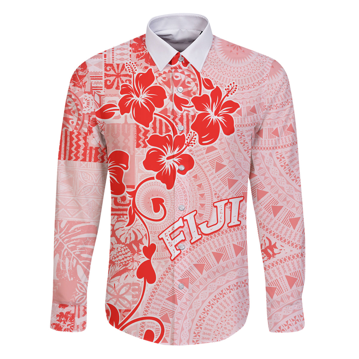 Fiji Masi With Hibiscus Tapa Tribal Family Matching Puletasi Dress and Hawaiian Shirt Red Pastel LT01 Dad's Shirt - Long Sleeve Red - Polynesian Pride