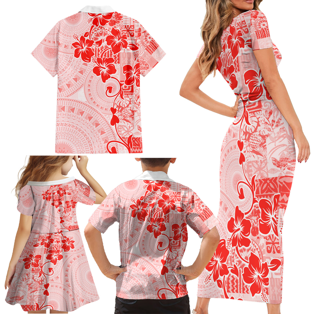 Fiji Masi With Hibiscus Tapa Tribal Family Matching Short Sleeve Bodycon Dress and Hawaiian Shirt Red Pastel LT01 - Polynesian Pride