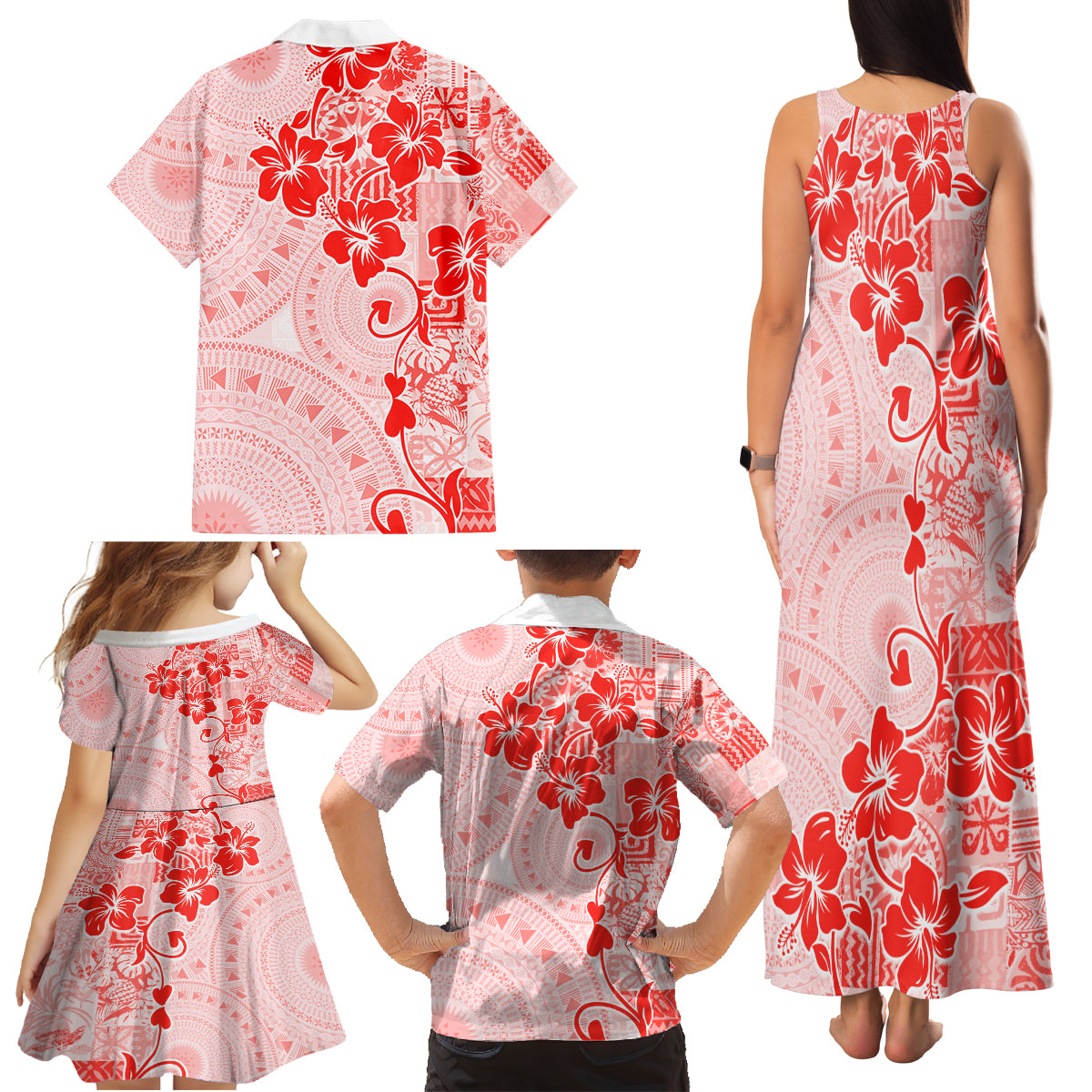 Fiji Masi With Hibiscus Tapa Tribal Family Matching Tank Maxi Dress and Hawaiian Shirt Red Pastel LT01 - Polynesian Pride