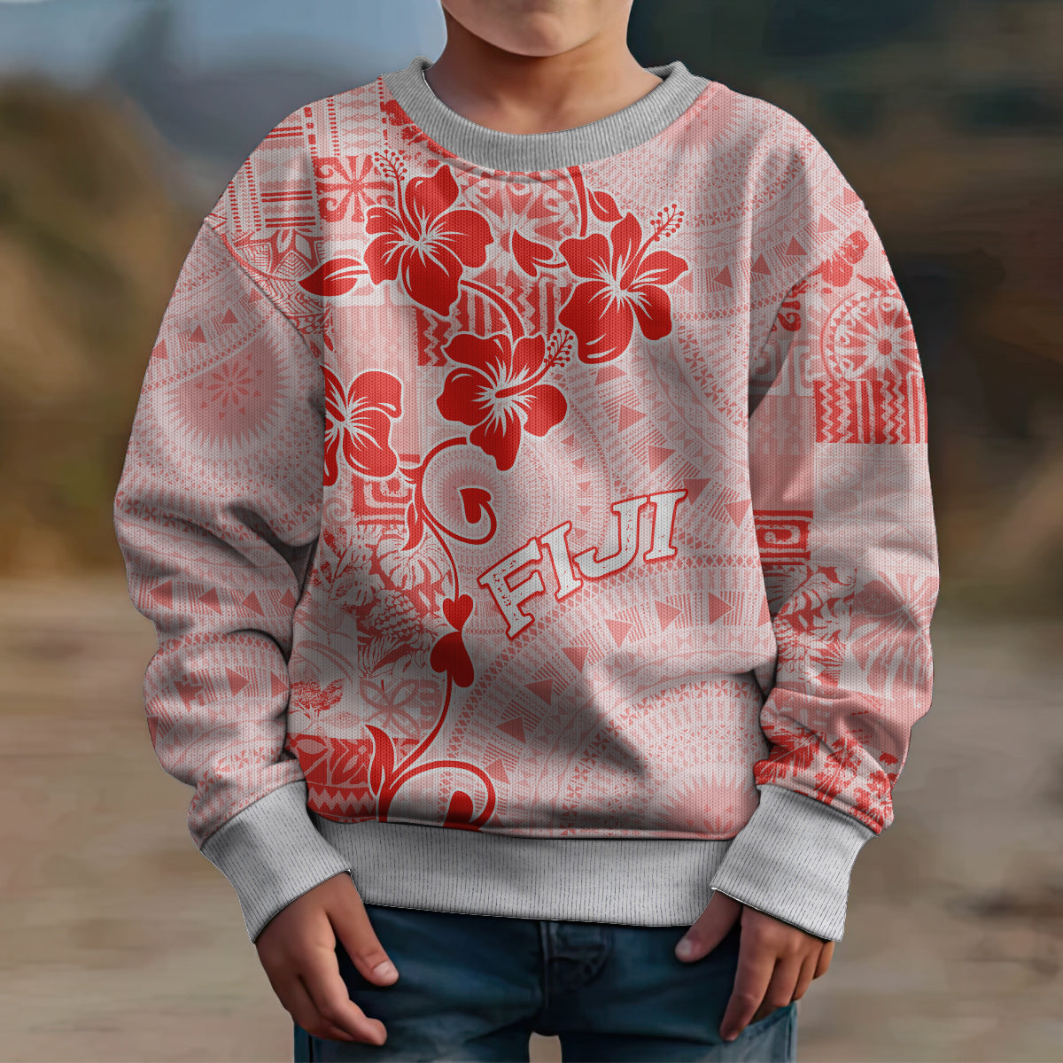 Fiji Masi With Hibiscus Tapa Tribal Kid Ugly Christmas Sweater Red Pastel LT01 - Polynesian Pride
