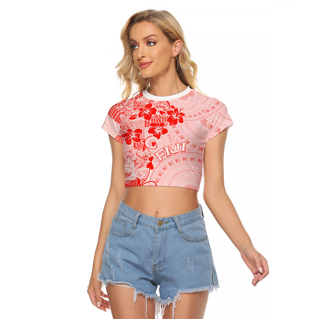 Fiji Masi With Hibiscus Tapa Tribal Raglan Cropped T Shirt Red Pastel LT01 Female Red - Polynesian Pride