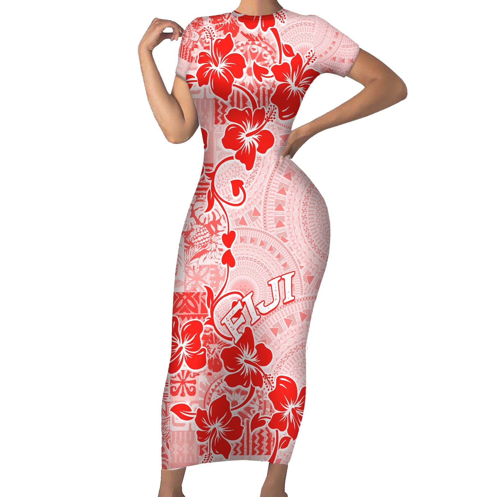 Fiji Masi With Hibiscus Tapa Tribal Short Sleeve Bodycon Dress Red Pastel LT01 Long Dress Red - Polynesian Pride