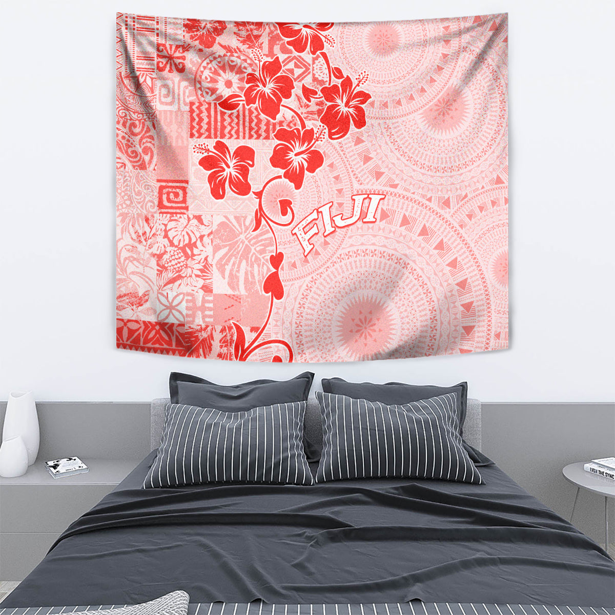 Fiji Masi With Hibiscus Tapa Tribal Tapestry Red Pastel LT01 - Polynesian Pride