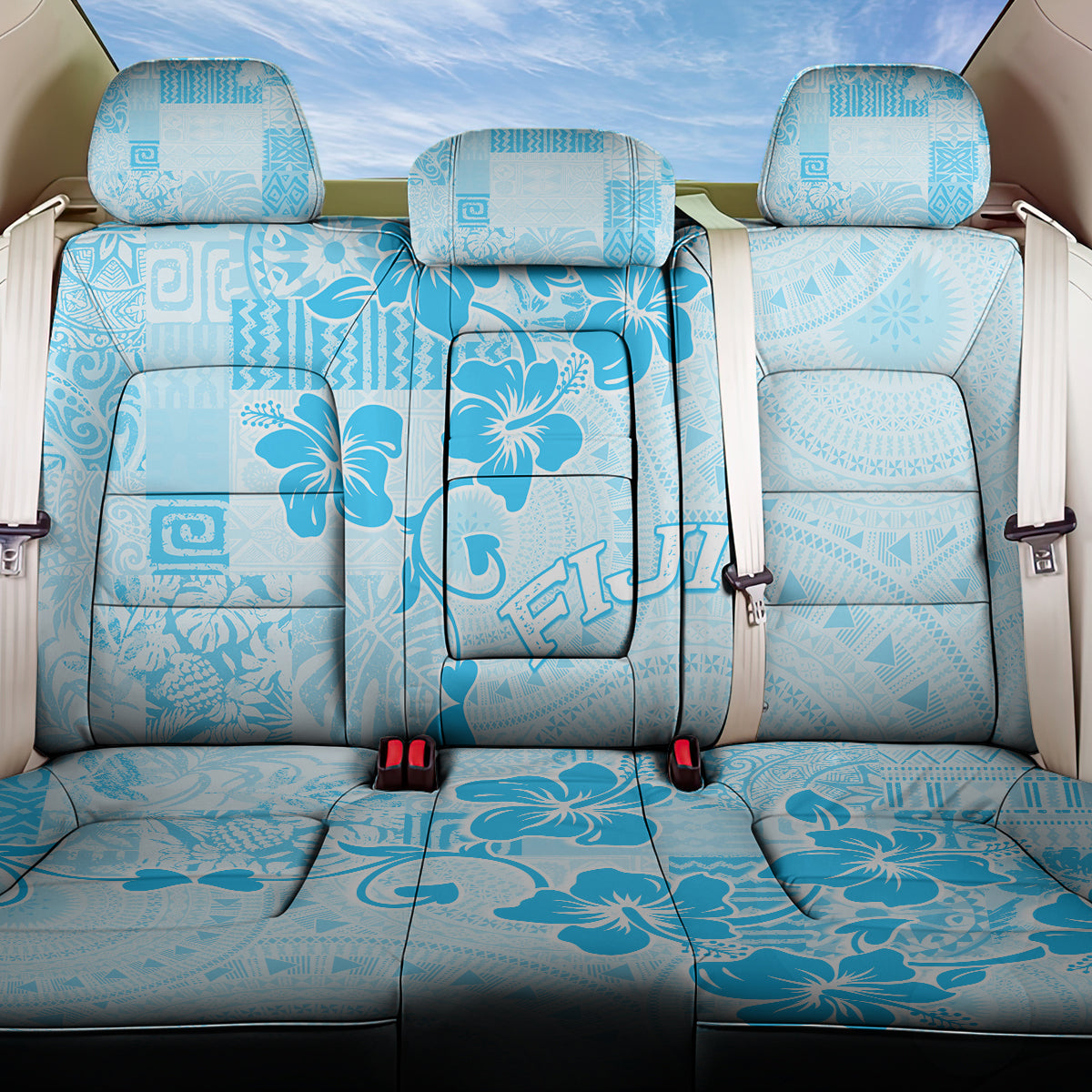 Fiji Masi With Hibiscus Tapa Tribal Back Car Seat Cover Sky Blue Pastel LT01 One Size Blue - Polynesian Pride
