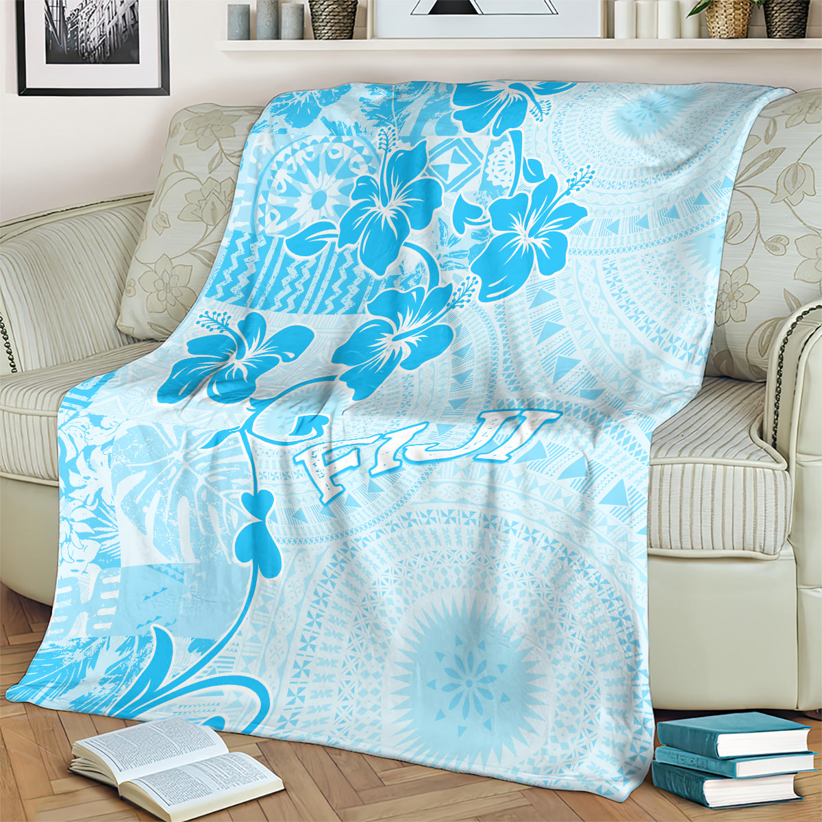 Fiji Masi With Hibiscus Tapa Tribal Blanket Sky Blue Pastel LT01 - Polynesian Pride
