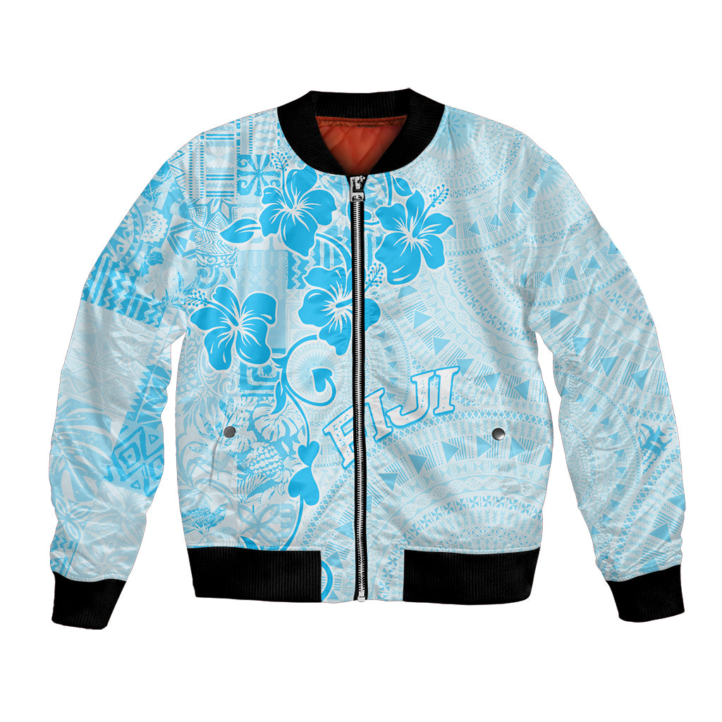 Fiji Masi With Hibiscus Tapa Tribal Bomber Jacket Sky Blue Pastel LT01 Unisex Blue - Polynesian Pride