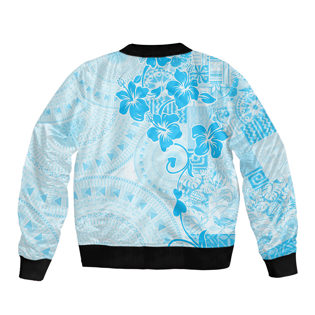 Fiji Masi With Hibiscus Tapa Tribal Bomber Jacket Sky Blue Pastel LT01 - Polynesian Pride