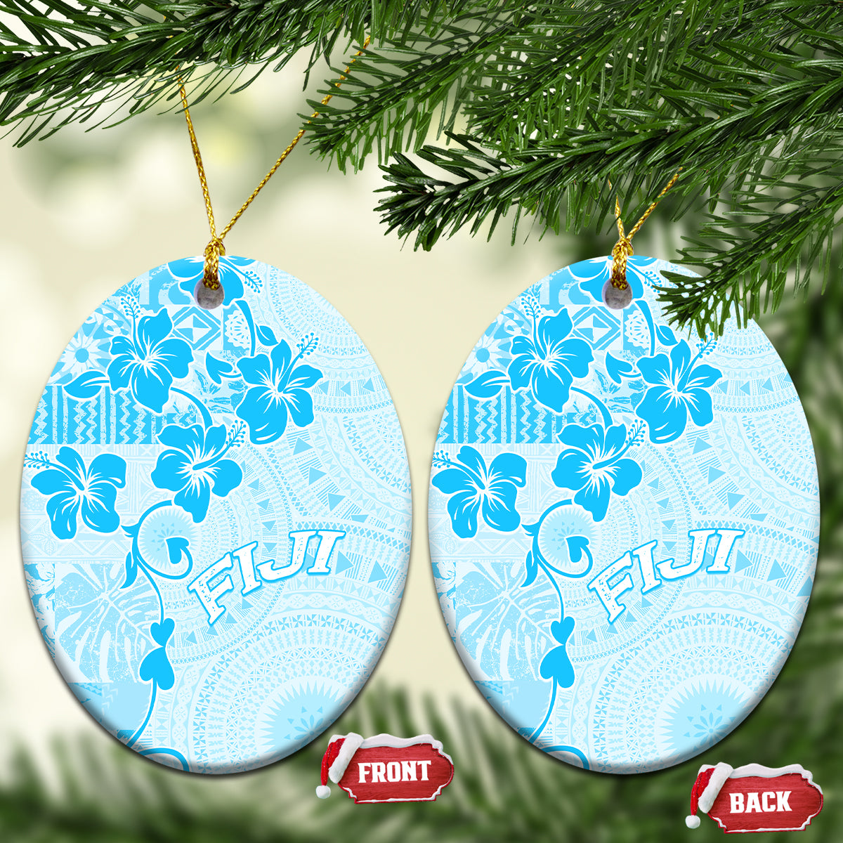 Fiji Masi With Hibiscus Tapa Tribal Ceramic Ornament Sky Blue Pastel LT01 Oval Blue - Polynesian Pride