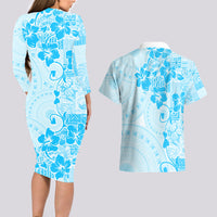 Fiji Masi With Hibiscus Tapa Tribal Couples Matching Long Sleeve Bodycon Dress and Hawaiian Shirt Sky Blue Pastel LT01 - Polynesian Pride