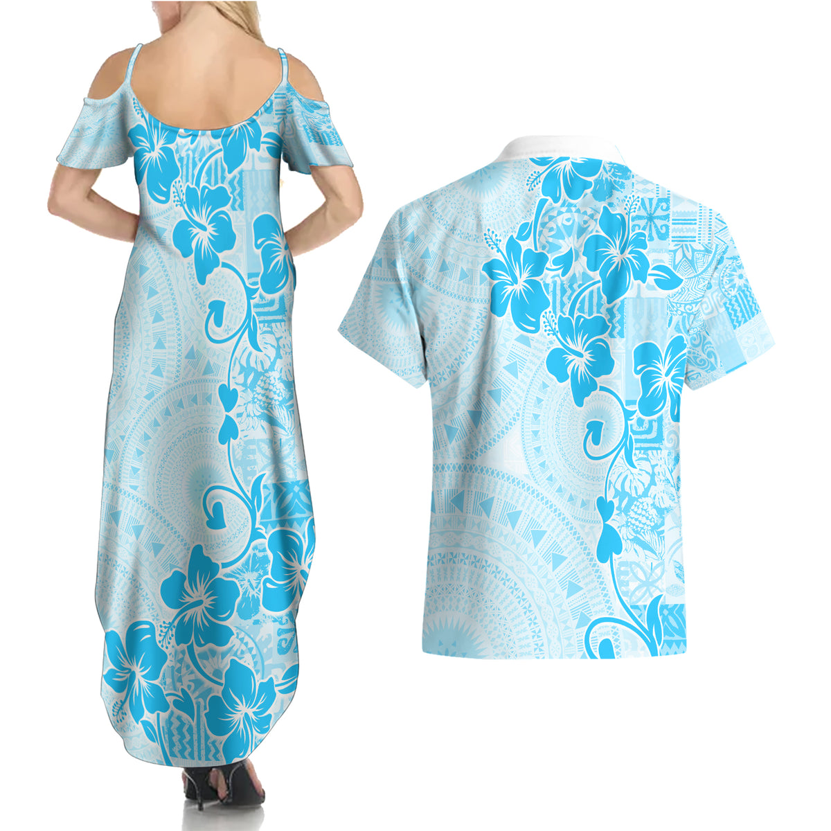Fiji Masi With Hibiscus Tapa Tribal Couples Matching Summer Maxi Dress and Hawaiian Shirt Sky Blue Pastel LT01 - Polynesian Pride