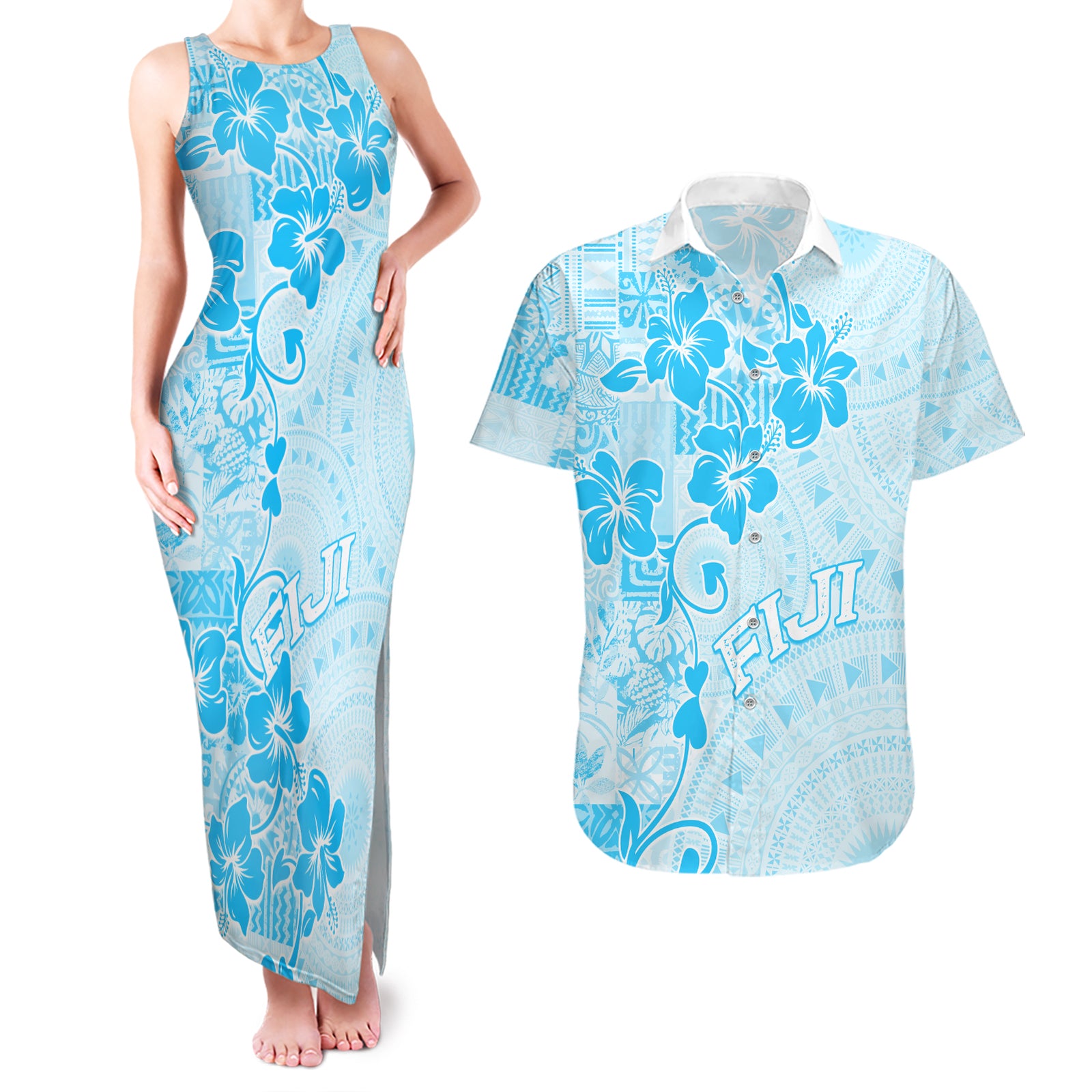 Fiji Masi With Hibiscus Tapa Tribal Couples Matching Tank Maxi Dress and Hawaiian Shirt Sky Blue Pastel LT01 Blue - Polynesian Pride