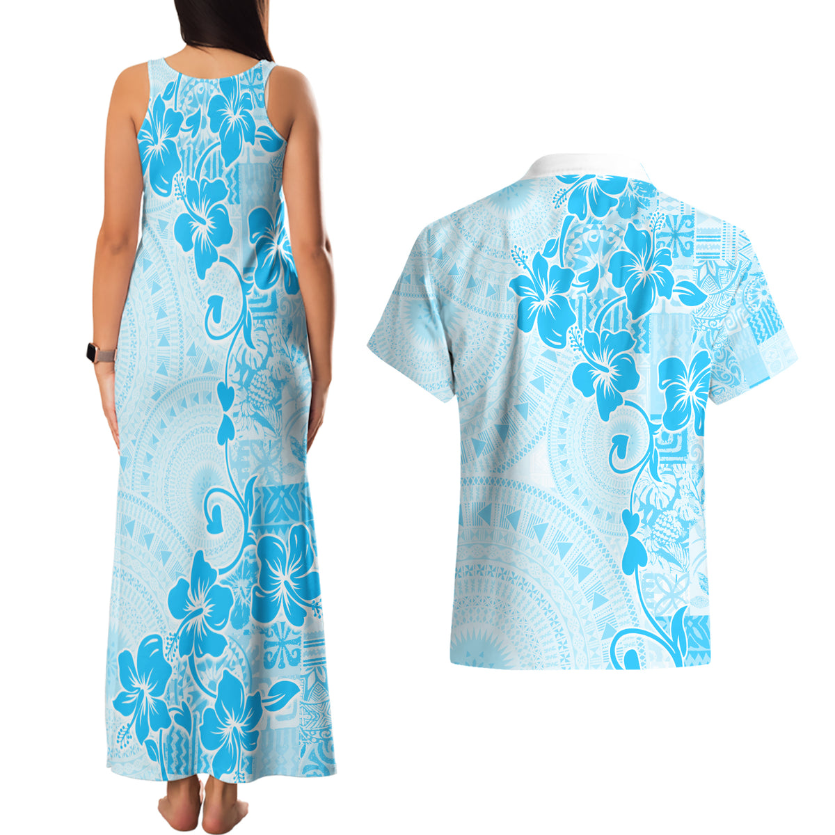 Fiji Masi With Hibiscus Tapa Tribal Couples Matching Tank Maxi Dress and Hawaiian Shirt Sky Blue Pastel LT01 - Polynesian Pride