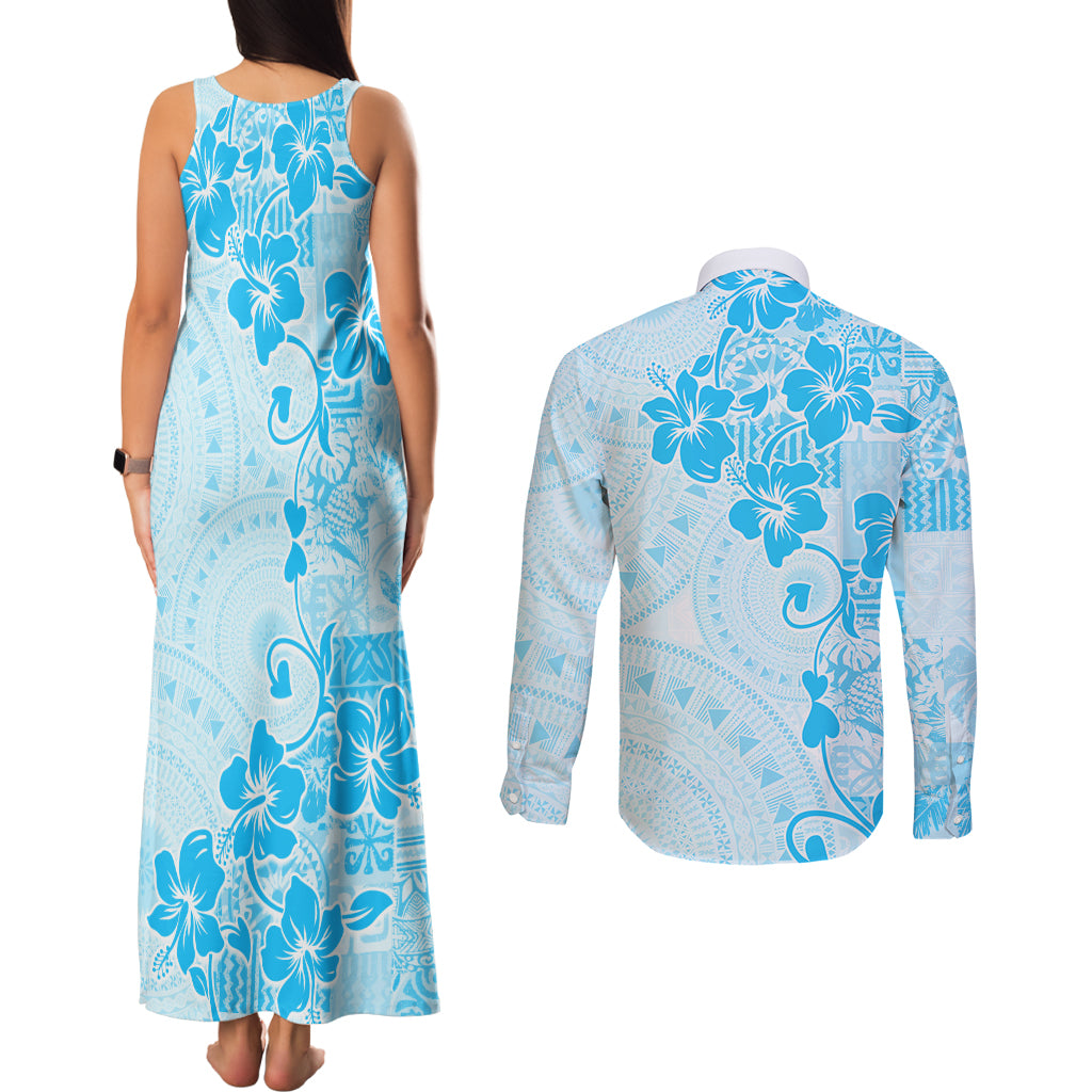 Fiji Masi With Hibiscus Tapa Tribal Couples Matching Tank Maxi Dress and Long Sleeve Button Shirt Sky Blue Pastel LT01 - Polynesian Pride