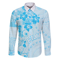 Fiji Masi With Hibiscus Tapa Tribal Family Matching Off Shoulder Short Dress and Hawaiian Shirt Sky Blue Pastel LT01 Dad's Shirt - Long Sleeve Blue - Polynesian Pride