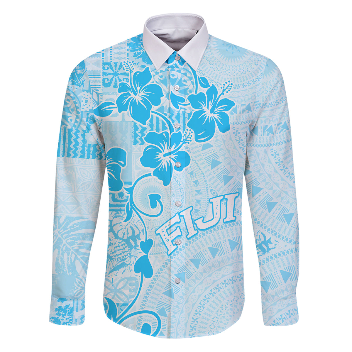 Fiji Masi With Hibiscus Tapa Tribal Family Matching Puletasi Dress and Hawaiian Shirt Sky Blue Pastel LT01 Dad's Shirt - Long Sleeve Blue - Polynesian Pride