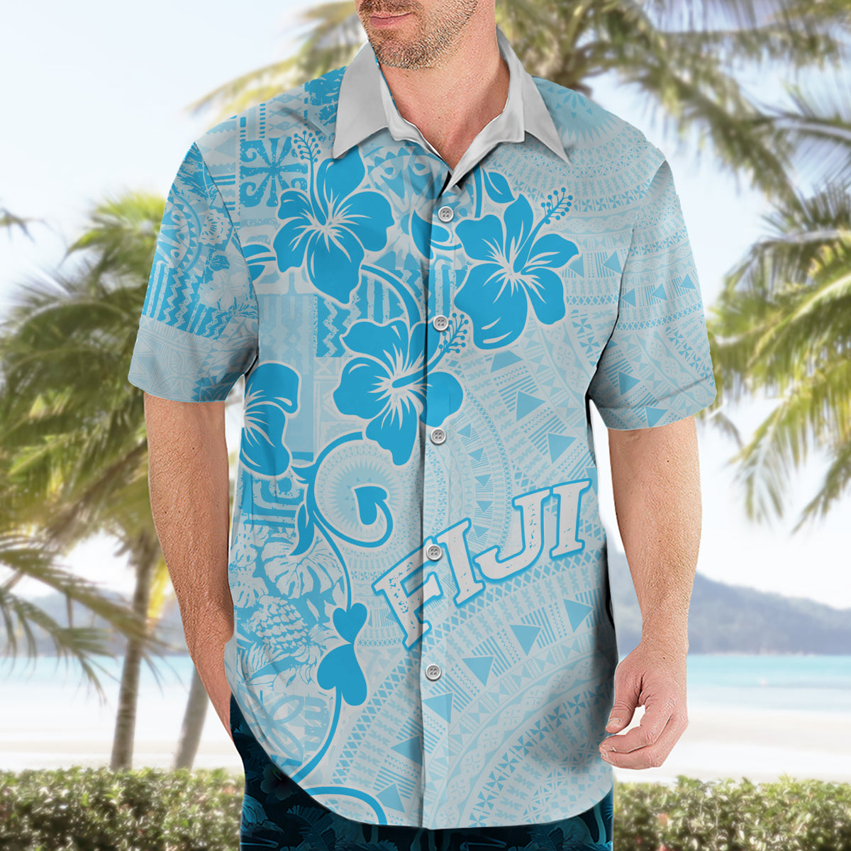Fiji Masi With Hibiscus Tapa Tribal Hawaiian Shirt Sky Blue Pastel LT01 - Polynesian Pride