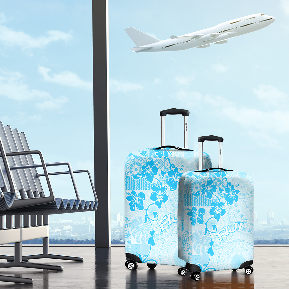 Fiji Masi With Hibiscus Tapa Tribal Luggage Cover Sky Blue Pastel LT01 - Polynesian Pride