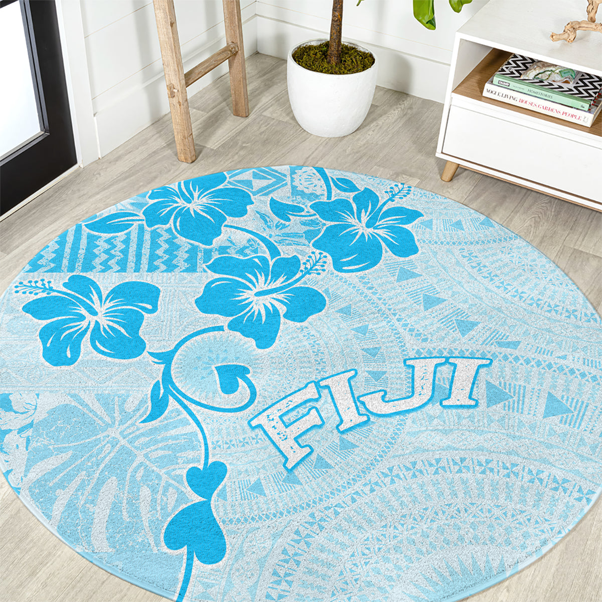 Fiji Masi With Hibiscus Tapa Tribal Round Carpet Sky Blue Pastel LT01 Blue - Polynesian Pride