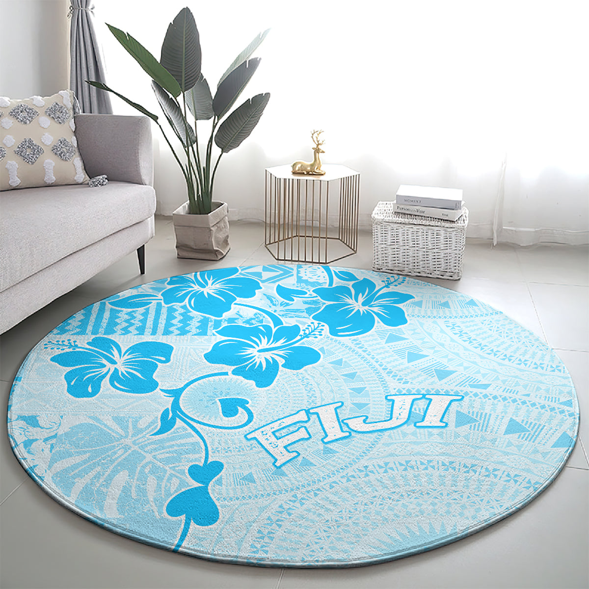Fiji Masi With Hibiscus Tapa Tribal Round Carpet Sky Blue Pastel LT01 - Polynesian Pride