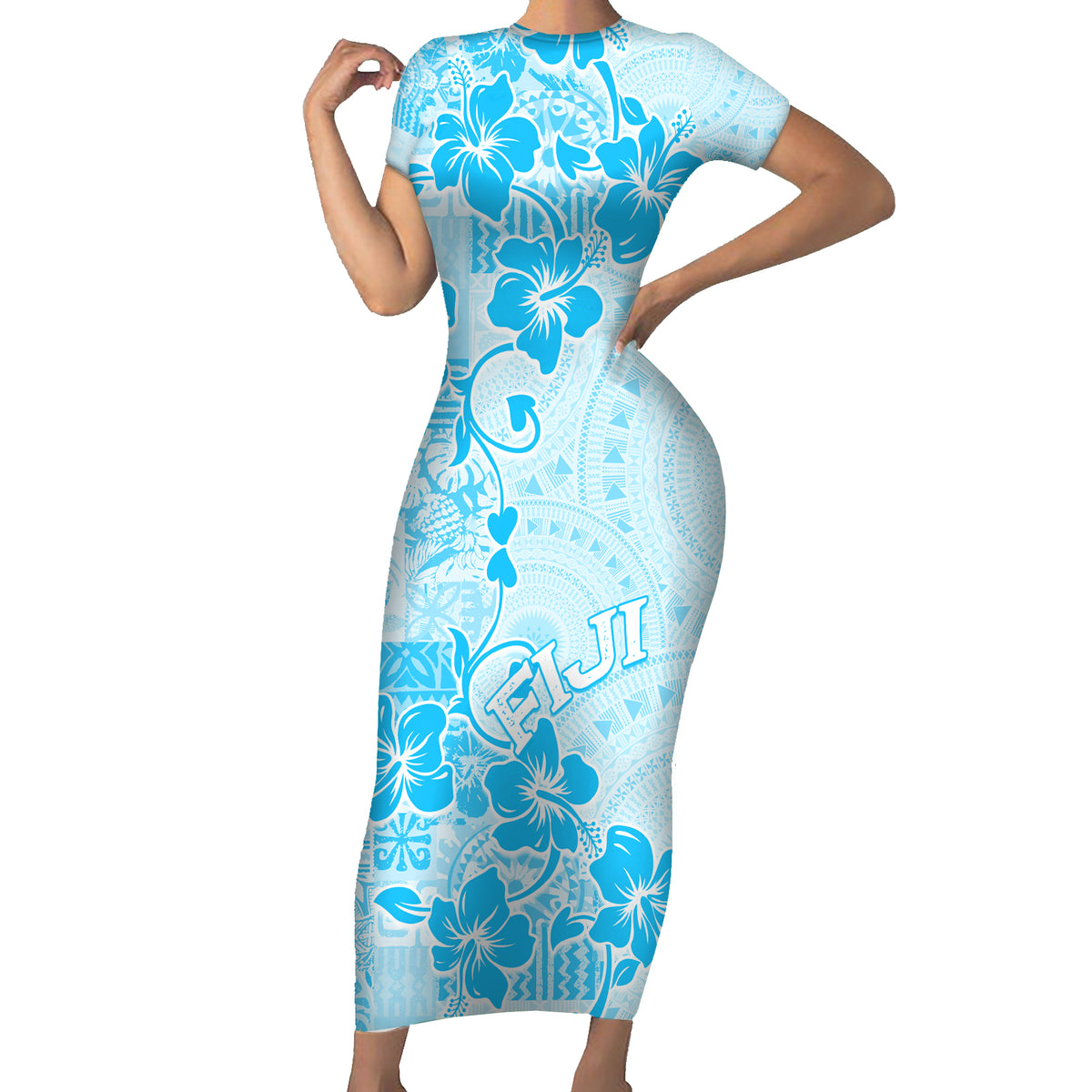 Fiji Masi With Hibiscus Tapa Tribal Short Sleeve Bodycon Dress Sky Blue Pastel LT01 Long Dress Blue - Polynesian Pride