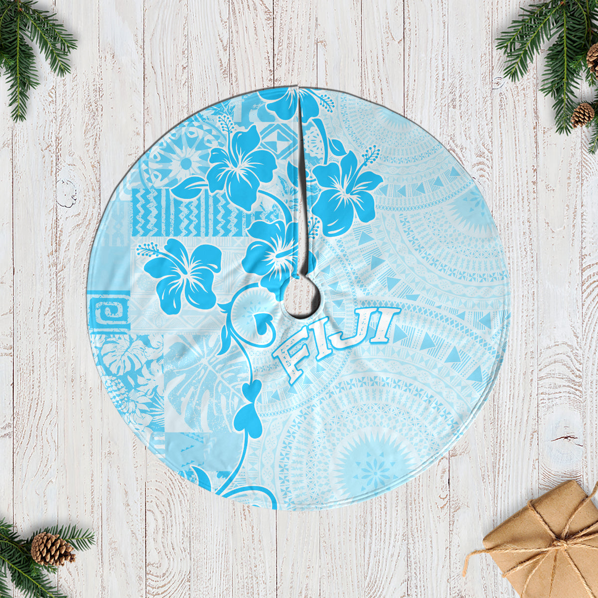 Fiji Masi With Hibiscus Tapa Tribal Tree Skirt Sky Blue Pastel LT01 Casual Tree Skirts Blue - Polynesian Pride