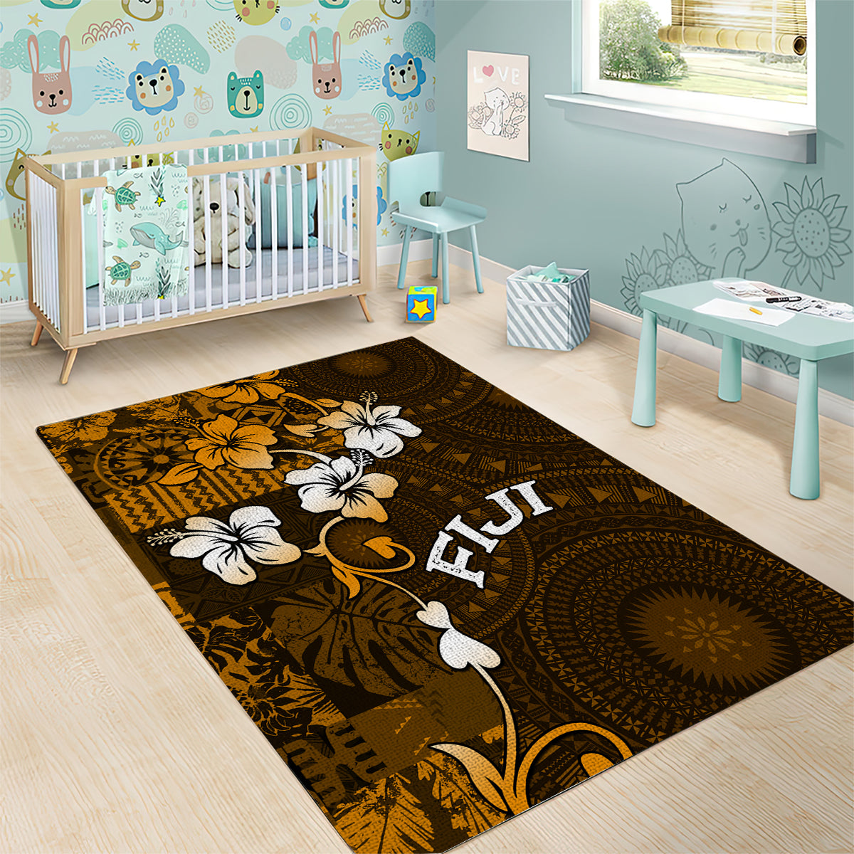 Fiji Masi With Hibiscus Tapa Tribal Area Rug Gold Version LT01 - Polynesian Pride