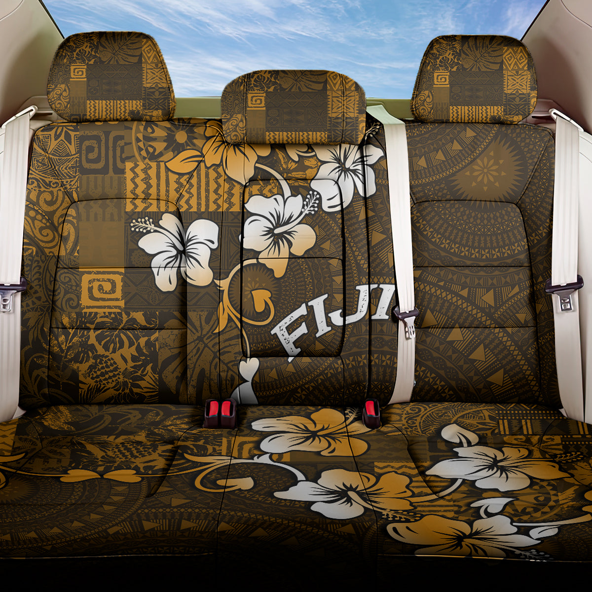 Fiji Masi With Hibiscus Tapa Tribal Back Car Seat Cover Gold Version LT01 One Size Gold - Polynesian Pride